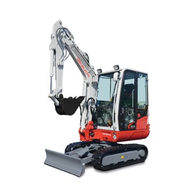 Takeuchi TB230 3-tonne compact excavator with full cab and dozer blade